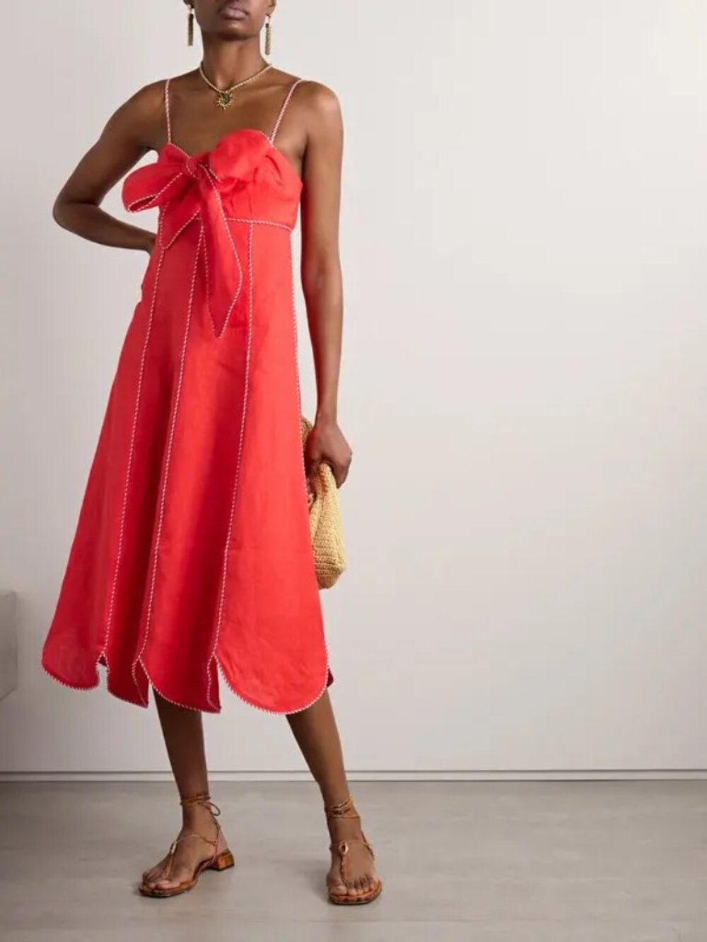 Farm Rio Orange Red Bow Embellished Scalloped Linen Midi Dress Size XS NWT